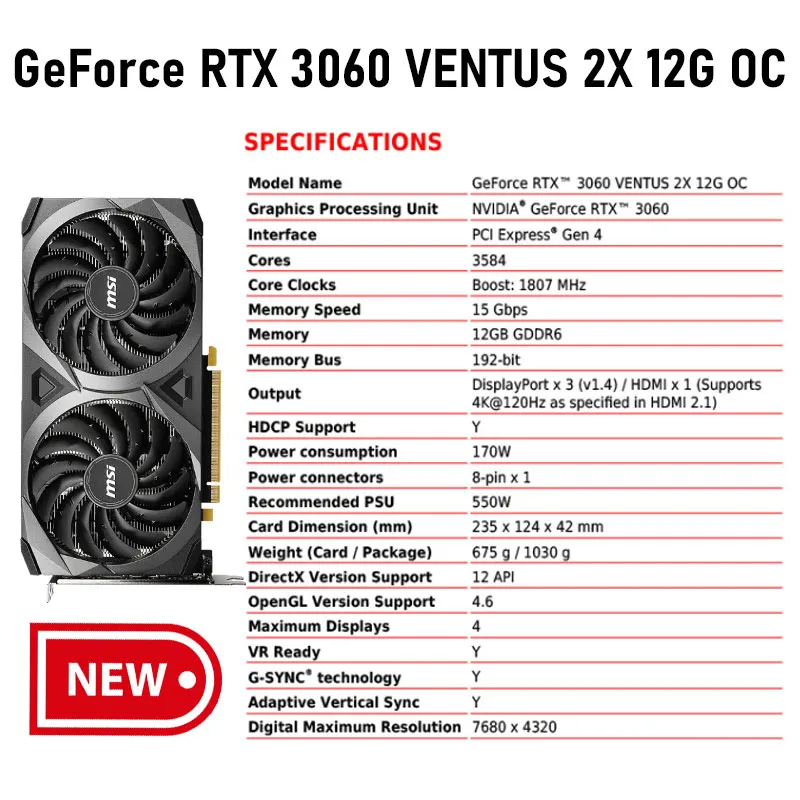 MsiraphicカードGeforce rtx 3060 ventus 2x 12g oc lah 12gb  gddr6グラフィックカード192ビットdp hdmi互換pci4.0gpuゲーム