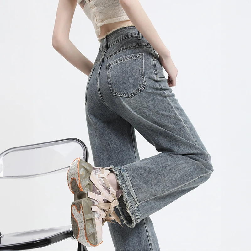 Retro Blue Washed Jeans Women Fashion Korea Dongdaemun 2023 Female Casual High Waist Denim Trousers Baggy Wide Leg Pants Black