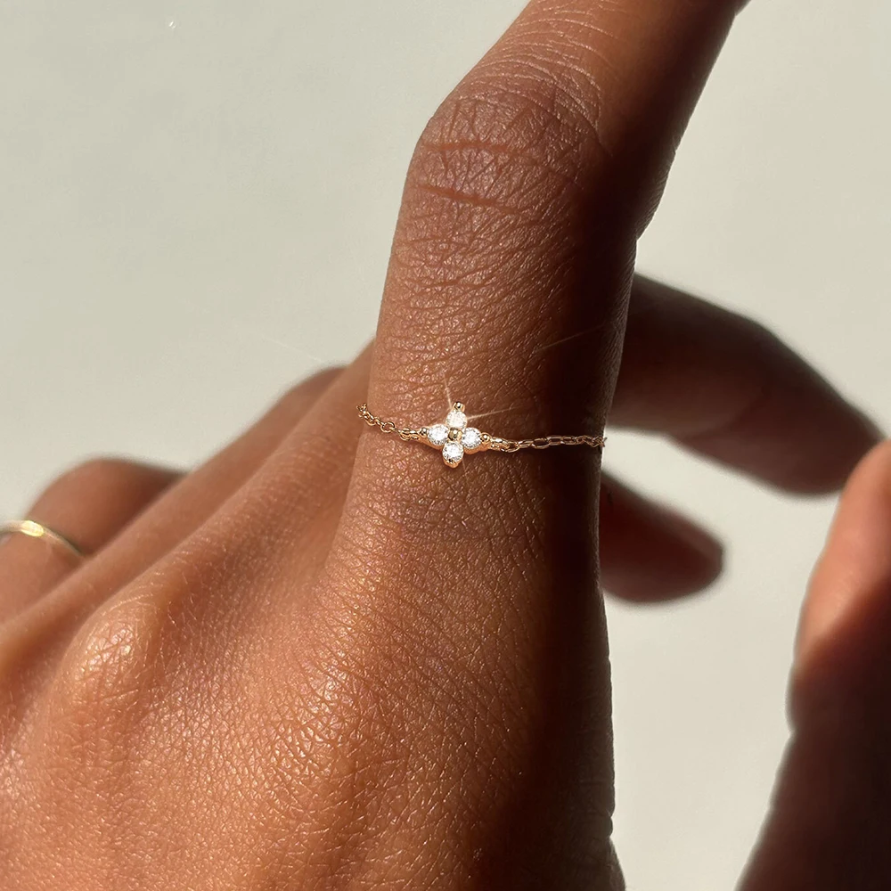 ROXI 925 Sterling Silver Octagonal star/Round/Petal Zircon Charms Finger Rings For Women Adjustable Opening Chain Ring Jewelry