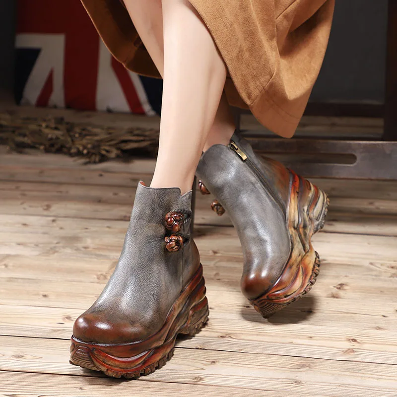 

Luxury Retro Slope Heel Thick Soled Boots Women's Genuine Leather Platform Ankle Boots Fashion Shoes Handmade Women Modern Boots