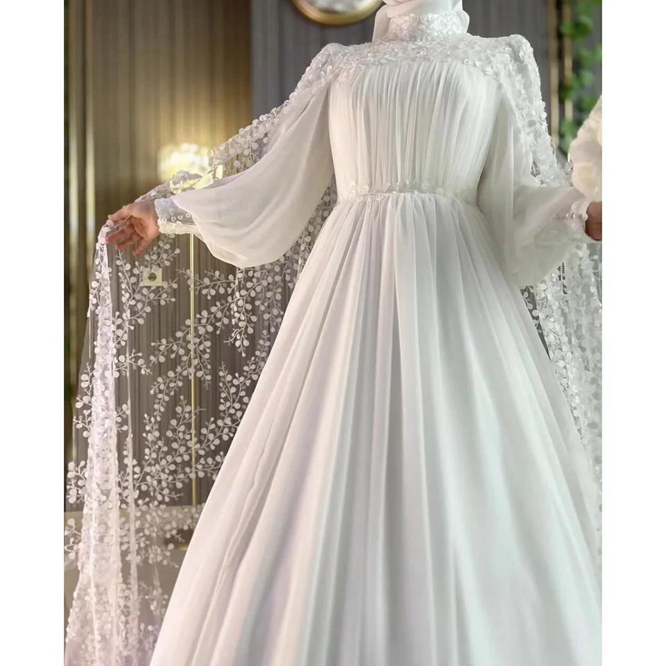 Customized High-Neck Beaded Appliques Shawl Long Sleeves Wedding Dress 2026 Muslim A-Line Floor Length Sweep Train Bridal Gown