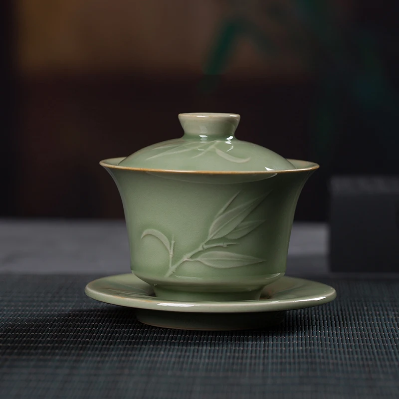 

Чайная посуда Longquan Celadon Kung Fu, чайная посуда Gaiwan санкai, домашняя чаша большого размера для заваривания чая, керамическая печь Yue с крышкой для чайной церемонии