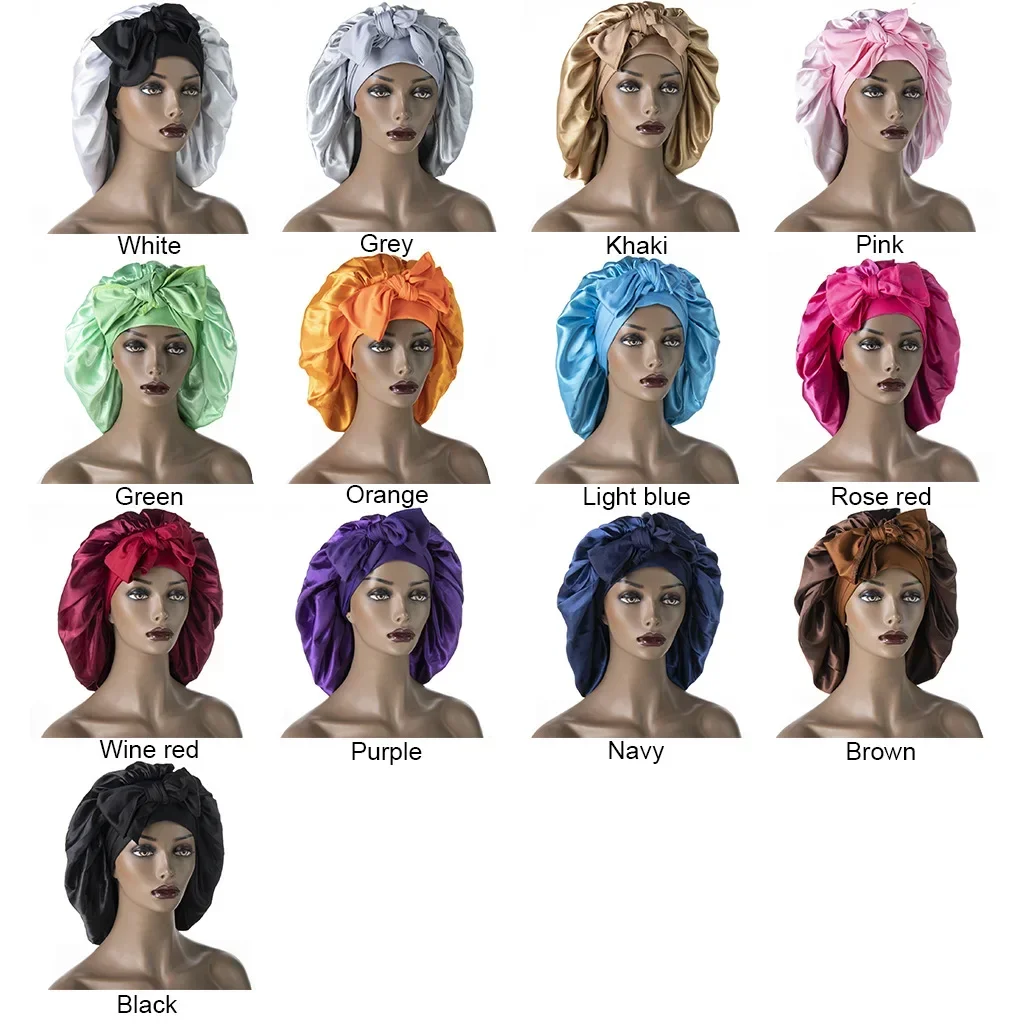 Women Satin Widened Sleep Hat Night Sleep Cap with Long Streamer Hair Care Bonnet Nightcap Elastic Cap De Nuit Shower Turban 2