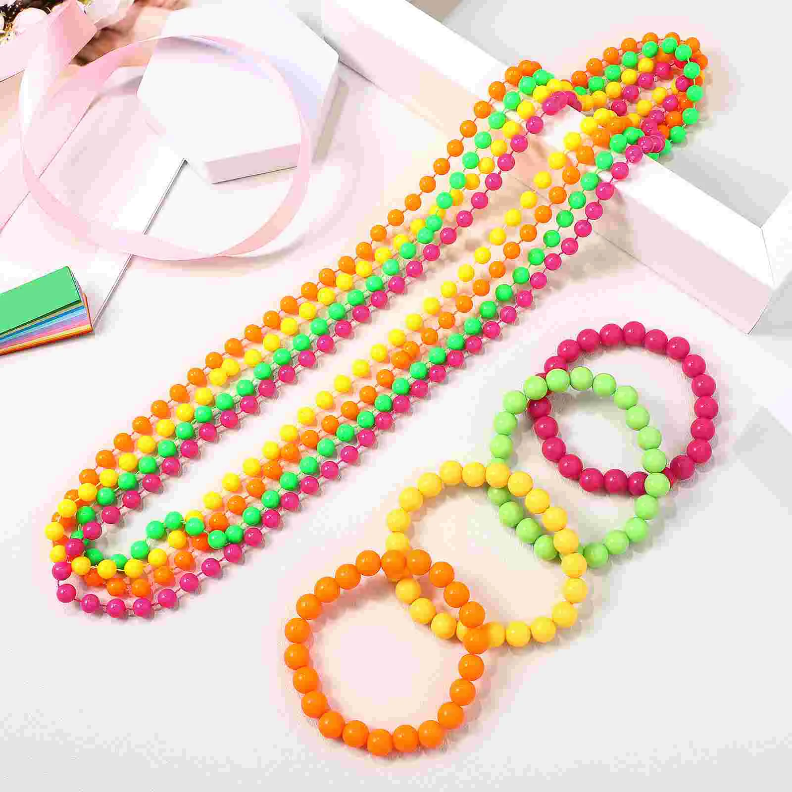 

8 Pcs Neon Beads Bracelets with Necklaces Delicate Beads Chains Jewelry Accessories for Girls and Women