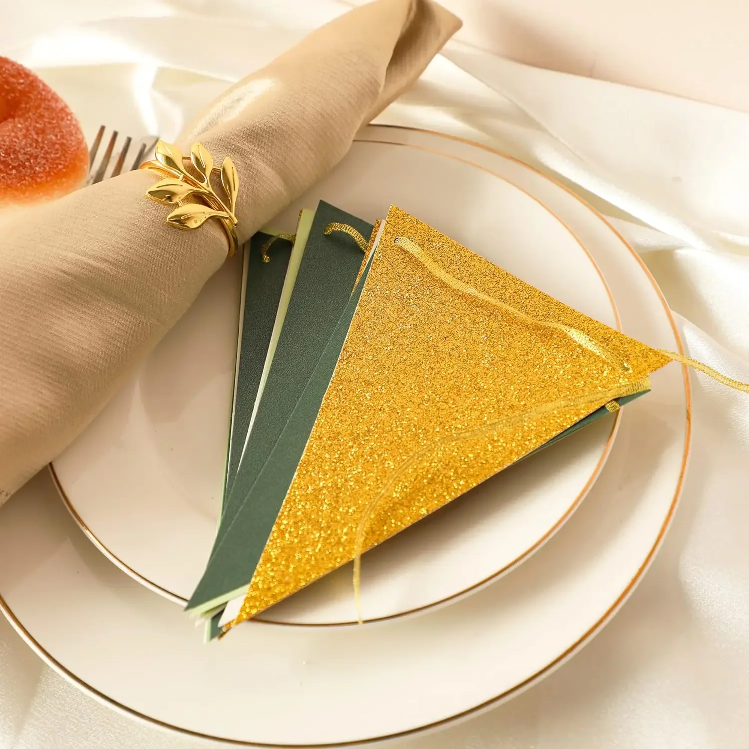 16 pcs Large Gold Green(10 Feet) Paper Triangle Flags Bunting Greenery Shower Wedding Nursery Classroom Birthday Party burlap linen bunting flags,triangular flags,paper garland,party decorations