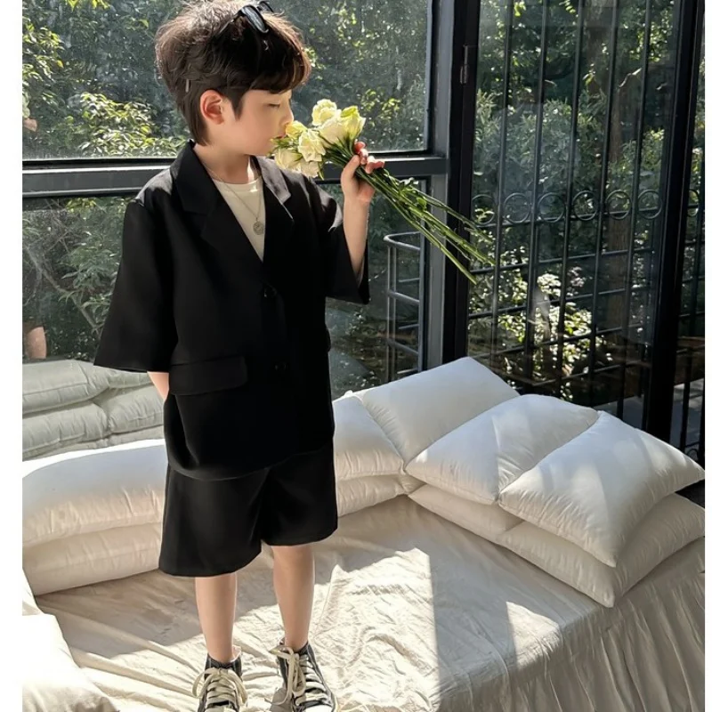 High Quality Boys' Blazer Suit Set Summer New Thin Casual  Baby Boy Single Breasted Korean Black Short Sleeve Coat+ Shorts 2pcs 4