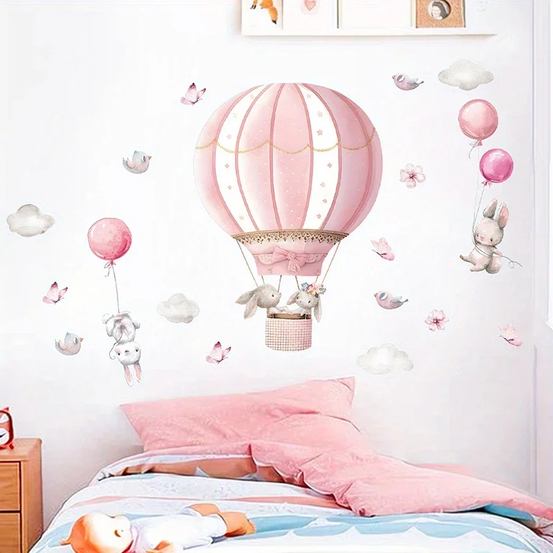 Cartoon Cute Rabbit Hot Air Balloon Clouds Large Wall Stickers for Kids Room Living Room Nursery Decoration Children Wall Decals wall stickers,wall sticker