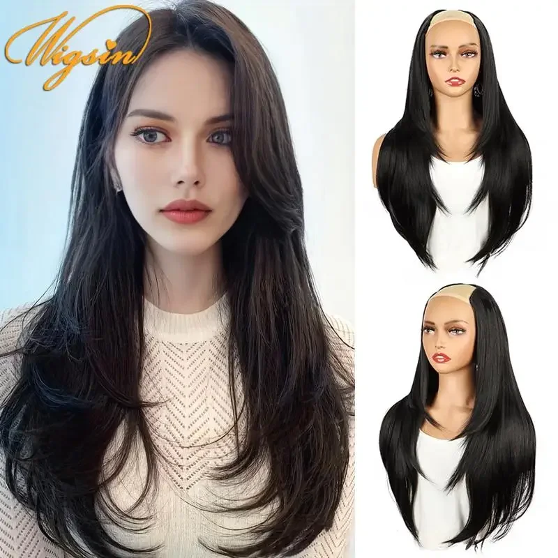 WIGSIN 합성 V자형 레이어드 4 클립 긴 스트레이트 헤어 익스텐션, 자연..