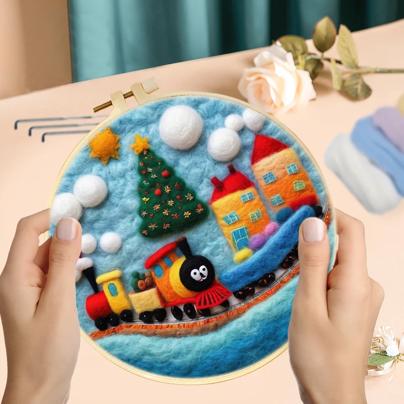 GATYZTORY 니들 울 펠팅 패키지 겨울 훈련 풍경 그림 20x20cm 프레임 니들 울 펠트 페인팅 키트 홈 데코용