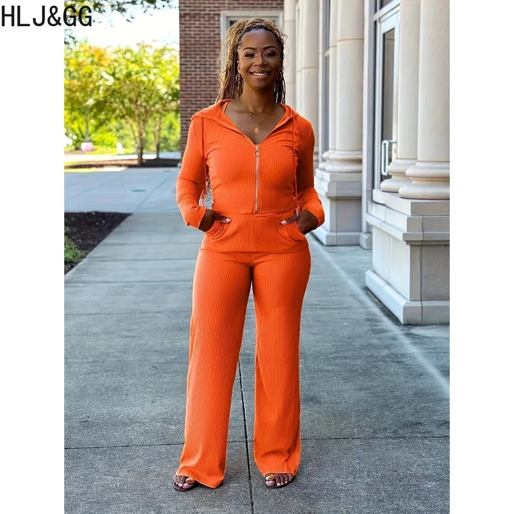 HLJ&GG Fashion Solid Color Hooded Two Piece Sets Women Zipper Long Sleeve Coats And Wide Leg Pants Outfit Female 2pcs Tracksuits