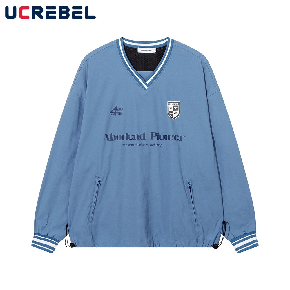 

Streetwear Retro Letter Print V-neck Sweatshirts Mens Oversize Loose Zip Pocket Long Sleeve Top Men