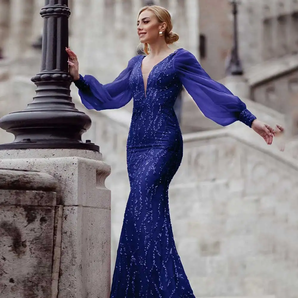

Luxury Sequin Evening Dress Deep V-Neck Puff Long Sleeved Mermaid Backless Zipper Back Stitching Women's Brush Train Prom Gown