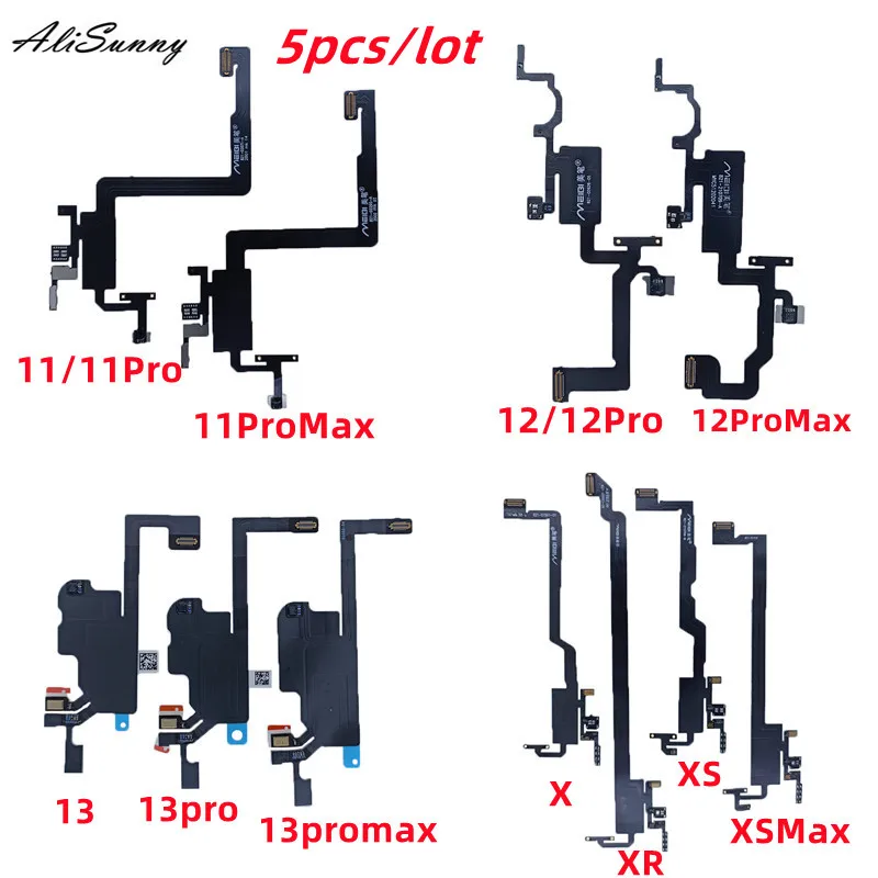 5pcs 이어폰 iPhone X XS XR 11 12 13 Pro Max 용 플렉스 케이블 근접 광 센서 없음 스피커 빈 플렉스 없음