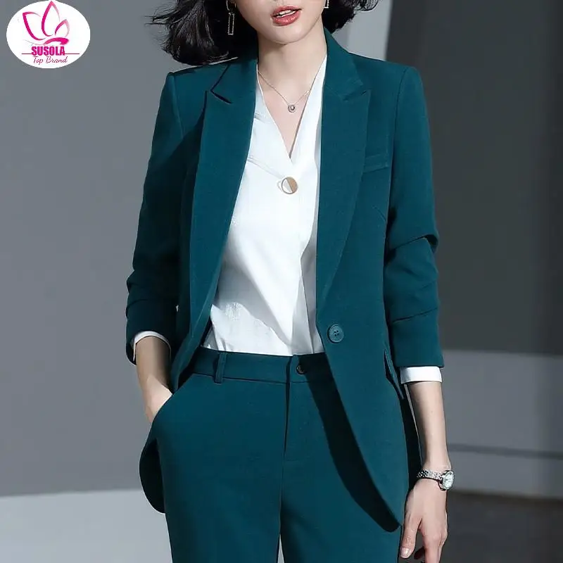 

SUSOLA Women's Suits Autumn and Winter New Single Buckle Trend Professional Decoration Body Slim Trousers Women's Two-piece Suit
