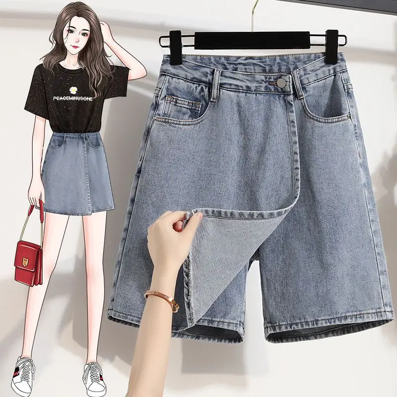 Shorts Skirts Women Summer High-Waisted Denim Short Korean Fashion Versatile Solid Baggy Large Size Blue Straight Wide-Leg Pants