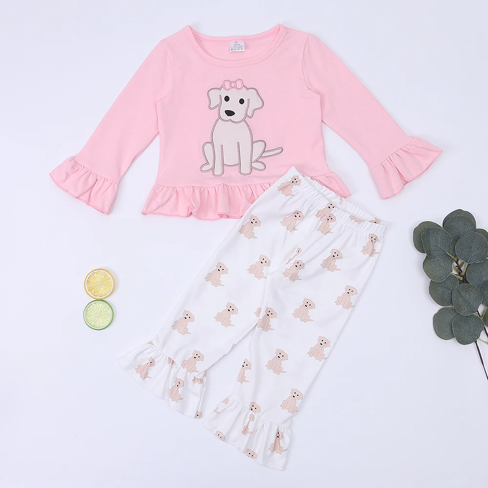 

1-8T Girl Autumn And Winter Suits With Cartoon Dog Embroidery Baby Trumpet Sleeves Baby Girl Pink Tops And Printing Pants 2pcs