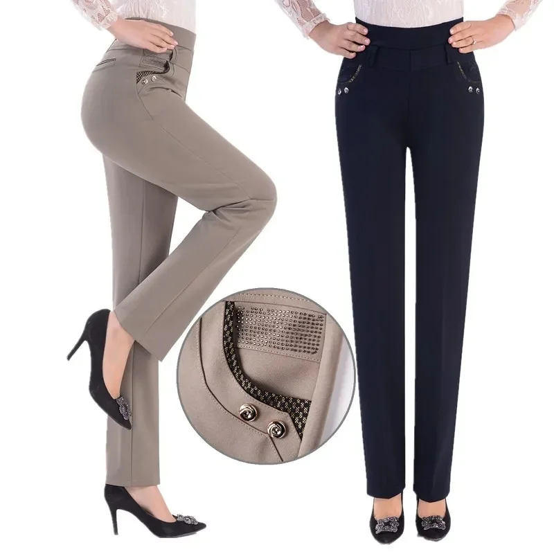 

Women Trousers Summer Autumn Casual Pants 2023 New Elastic High-Waist Long Pants Middle-aged Female Straight Pants Black Khaki
