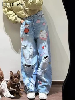 Korean Ins Fashion Cartoon Print Wide-leg Pants Trendy Hot Girl Y2K High-waisted Slim Straight Pants Goth Ripped Jeans for Women 1