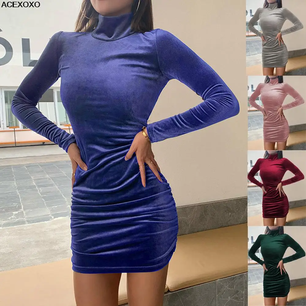 

2023 Autumn beauty fashion slim long sleeve dress new high-neck sleeve suede sleeve dress