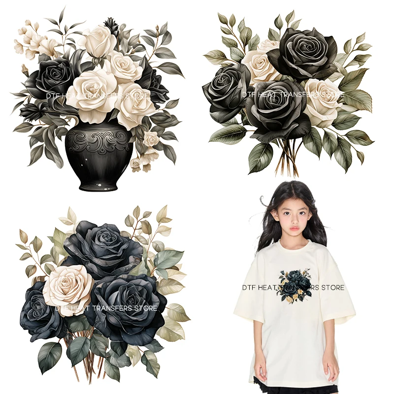DTF 다리미 온 패치, 아동복 열 전달 패치, 검정색 수채화 장미 꽃 다리미