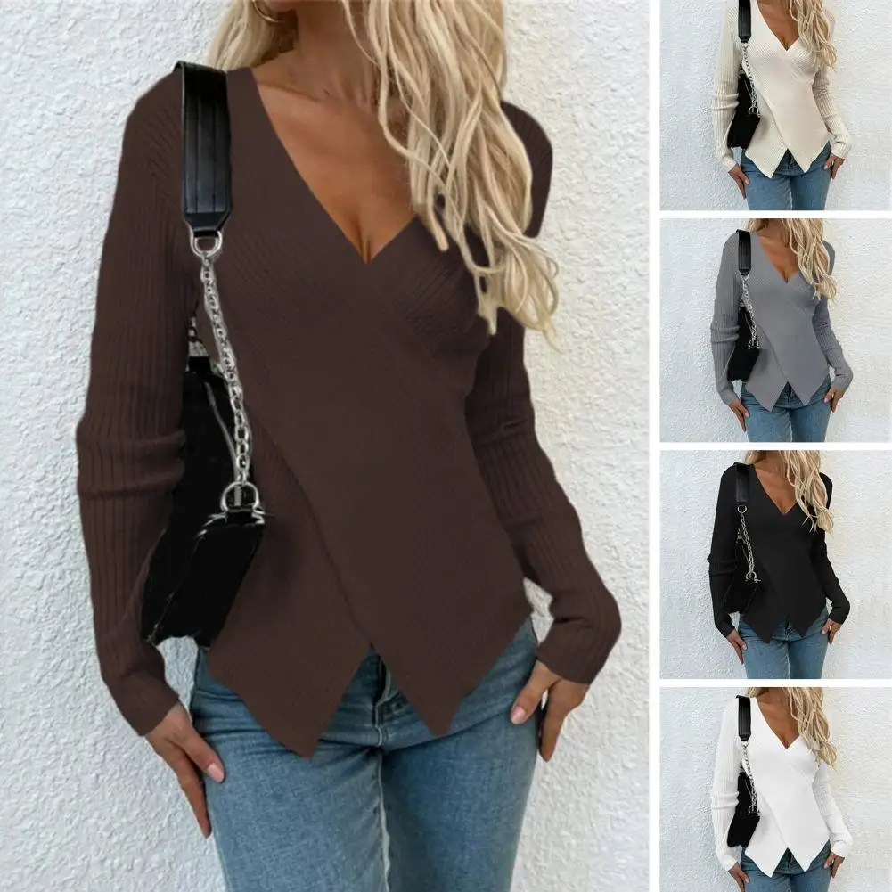 

Женский Однотонный свитер с глубоким V-образным вырезом и разрезом, пуловер с длинными рукавами, теплый вязаный эластичный весенний топ в офисном стиле, женская одежда