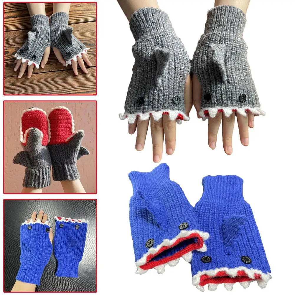 

Cartoon Knit Gloves Blue Gray Shark Biting Hand Gloves Warm Half Finger Knit Gloves Autumn/Winter 2024 New