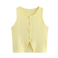 MUJER Pink Knit Sleeveless Vest Women Cropped Sweater Vest Top Women Yellow Button Vests Women Streetwear Waistcoat Knitwears - Image 4