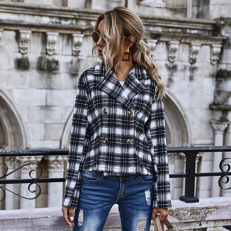 Woman Blazer Suit High Quality Plaid Double Breasted Women Blazers and Jackets Elegant Work Formal Clothing Short Streetwears
