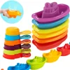 Baby Bath Toys, Stacking Boat & Spoons Toys, Early Education Intelligence Gift, Rainbow Color Stacked Cup Folding Tower Baby Toy 1