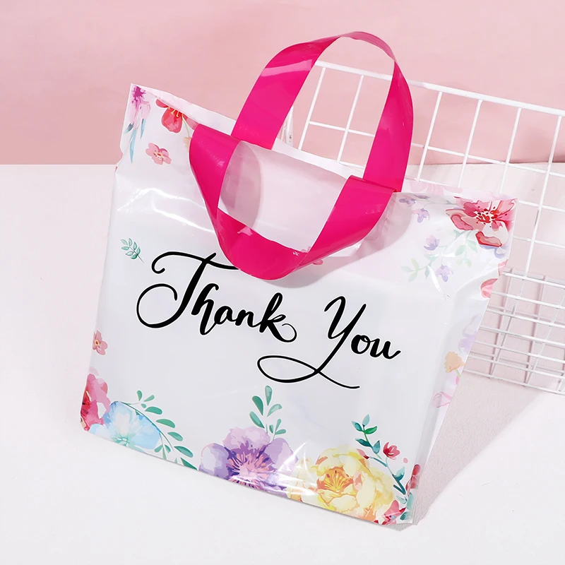 10 Stück Dankeschön-Geschenktüten mit Griffen für Hochzeitsgeschenke, Geburtstagsfeier, Verpackungsbeutel, Kunststoff, Blumenmuster, Dankeschön-Tragetaschen – Detail 9