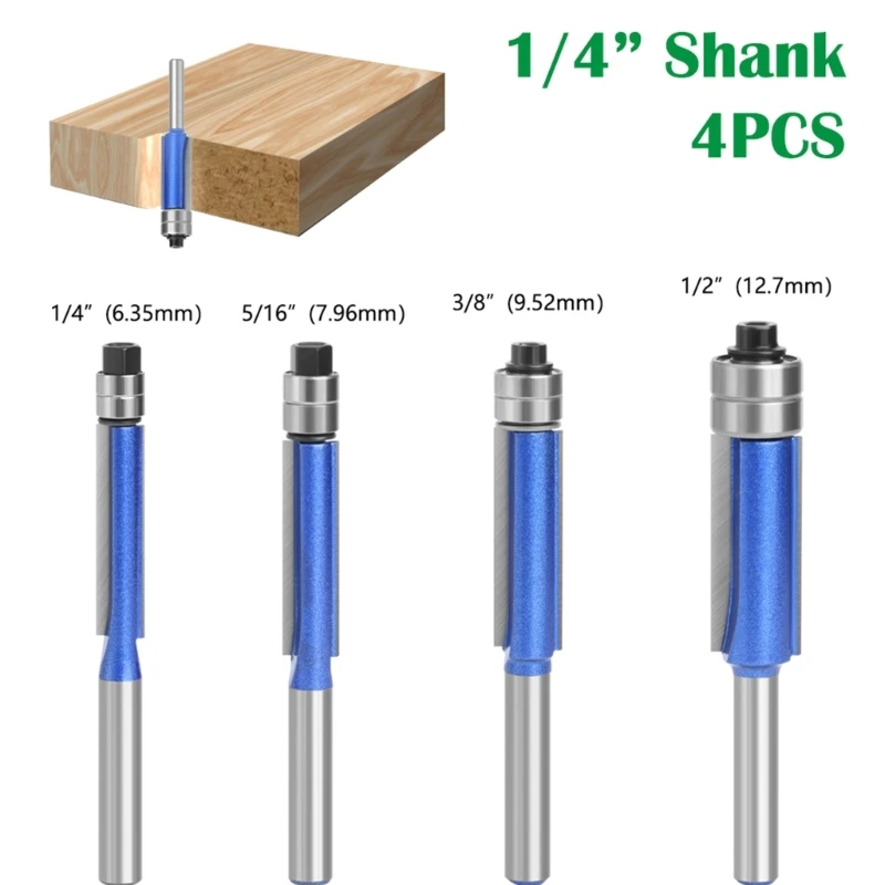 

4Pcs 1/4 Inch Shank Straight Flush Trim Wood Router Bit With Top Bearing 6.35mm 7.96mm 9.52mm 12.7mm Shank Tenon Dropshipping
