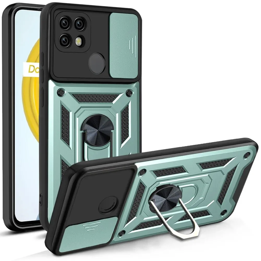 Shockproof Armor Case with Ring Holder and Slide Lens Cover Protection