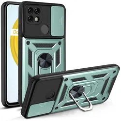 Shockproof Armor Case with Ring Holder and Slide Lens Cover Protection for Realme Note70 4G (Green)