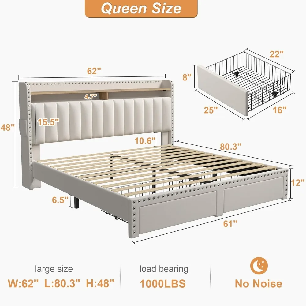 Headboard with Storage , Upholstered Queen Bed Frame with Storage, Queen Size Bed Frame 2 Drawers, Headboard Storage