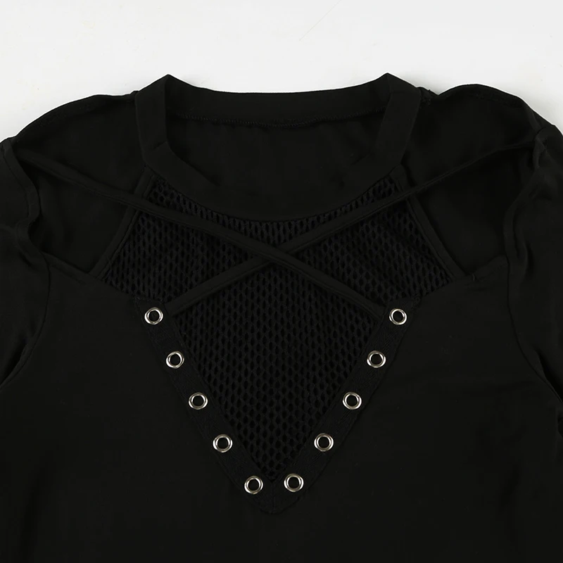 Gothic Style Fishnet Patchwork T-shirt Grommet Eyelet Fashion Black Off Shoulder Fitted Top 2000s Vintage Streetwear
