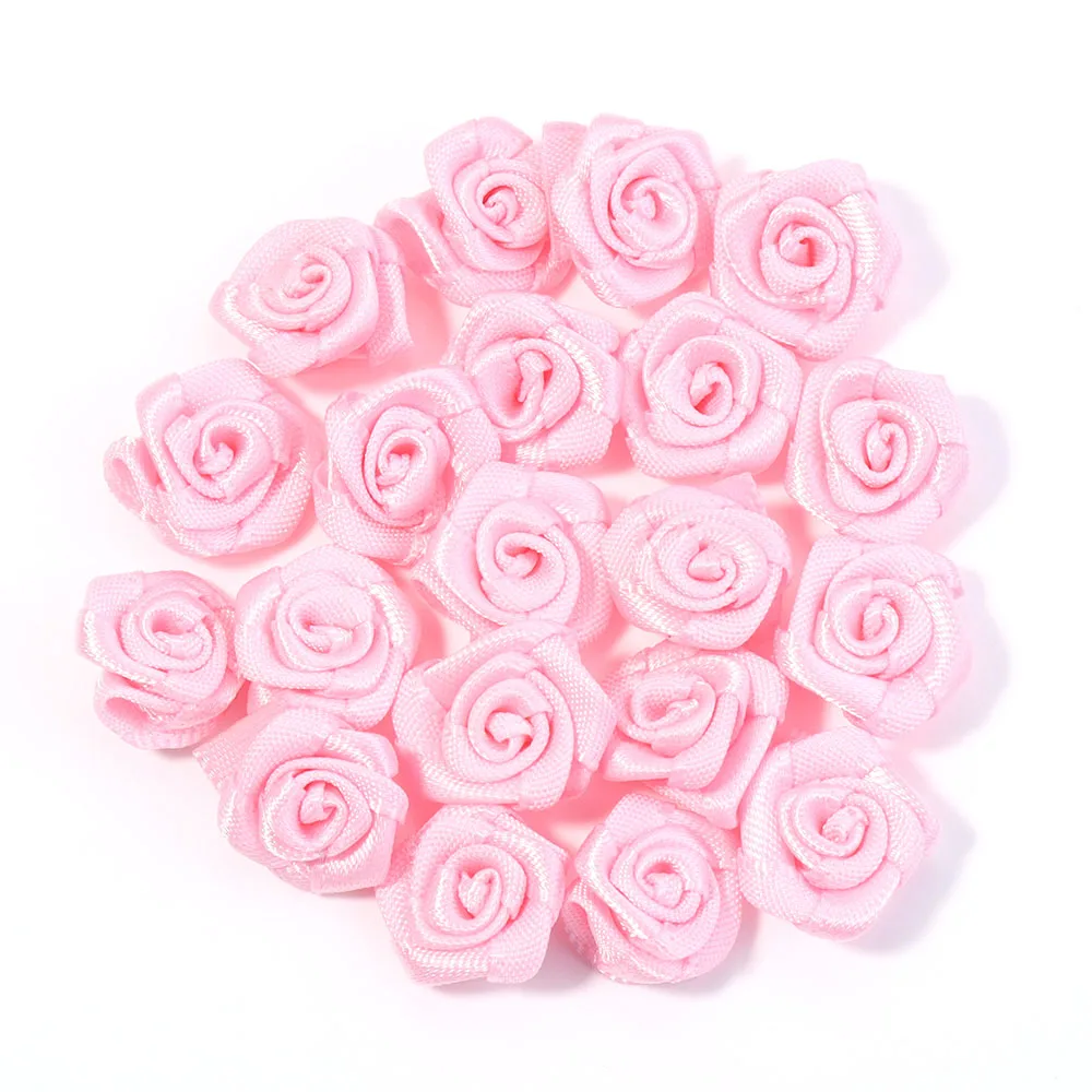 Set of 20 Mini Pink Satin Ribbon Roses for Craft and Party Decoration