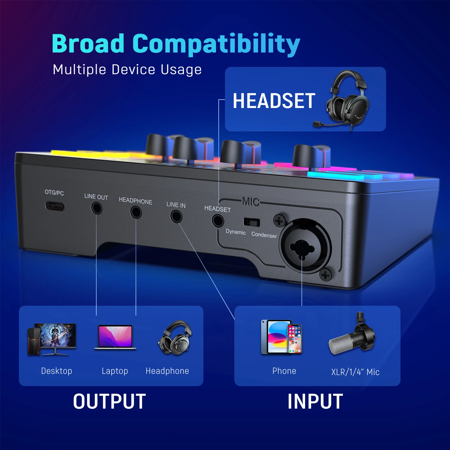 Gaming Audio Mixer with XLR Microphone Interface and RGB Lighting