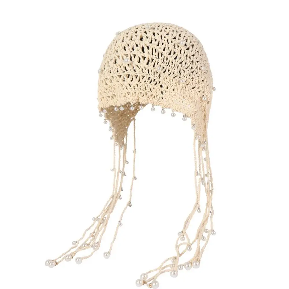 Crochet Flower Hollow Pearl Tassels Knitted Hat Beanies Weave Cap Knit Cap Hollow Out Korean Ethnic Style Hat 5