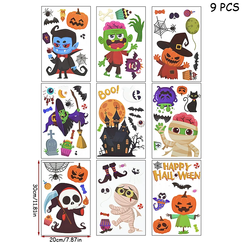 9PCS Halloween Window Stickers Ghost Pumpkin Witch Window Decor Sticker Haunted House Halloween Party Decor Bar Home Wall Decal