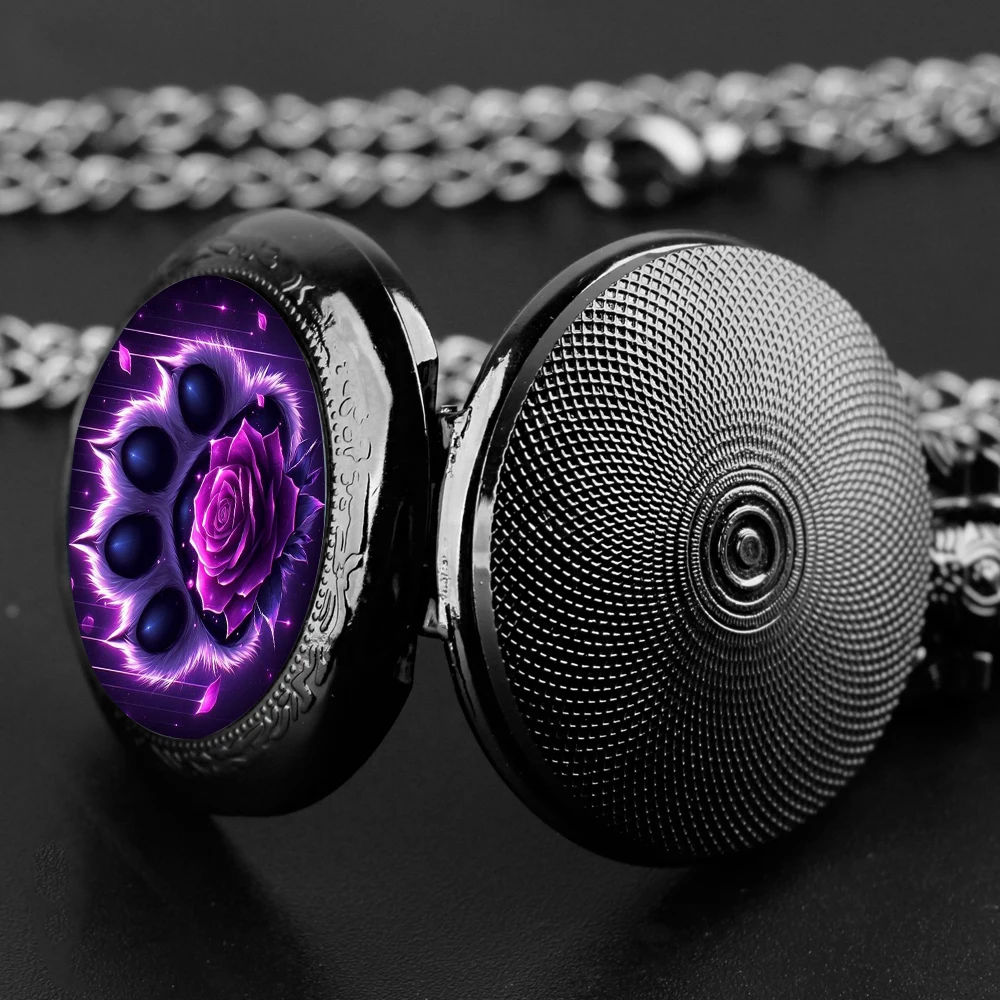 절묘한 곰 발 장미 디자인 유리 패치, 석영 포켓 시계, 세련된 레트로 선물 포켓 시계