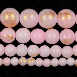 White Red Gold Plated Jade Round Natural Stone Beads for Jewelry Making and DIY Accessories (Light Pink)