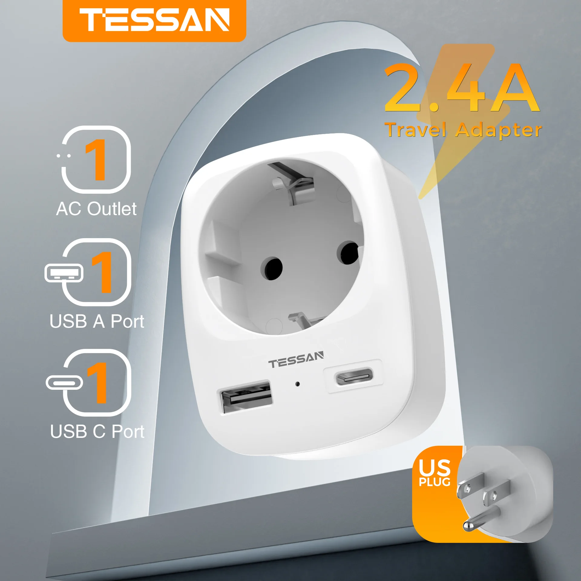 Plug Adapter Power Plug Adapter TESSAN Travel Adapter USA with 1 USB +1 Type C EU to US Adapter USA Socket Adapter for Thailand Canada Travel Plug Type B