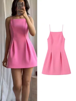 TFMLN Elegant Ladies Pink Spaghetti Strap Dress 2025 Summer New Simple Style Women Slim Short Dress Party Fashion A-Line Dress 1
