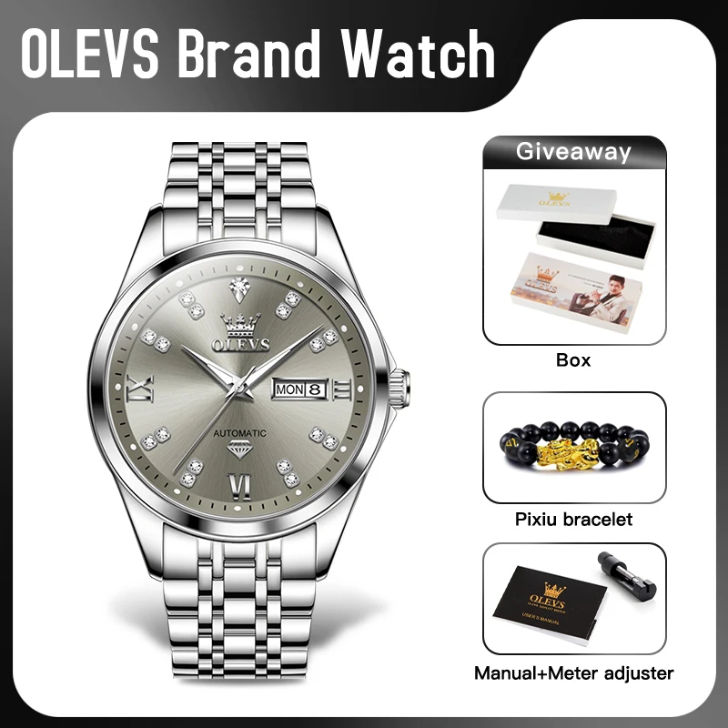 OLEVS 9801 Mens Watch Original Waterproof Luminous Automatic Mechanical Watch Dual Calendar Display Mens Gifts