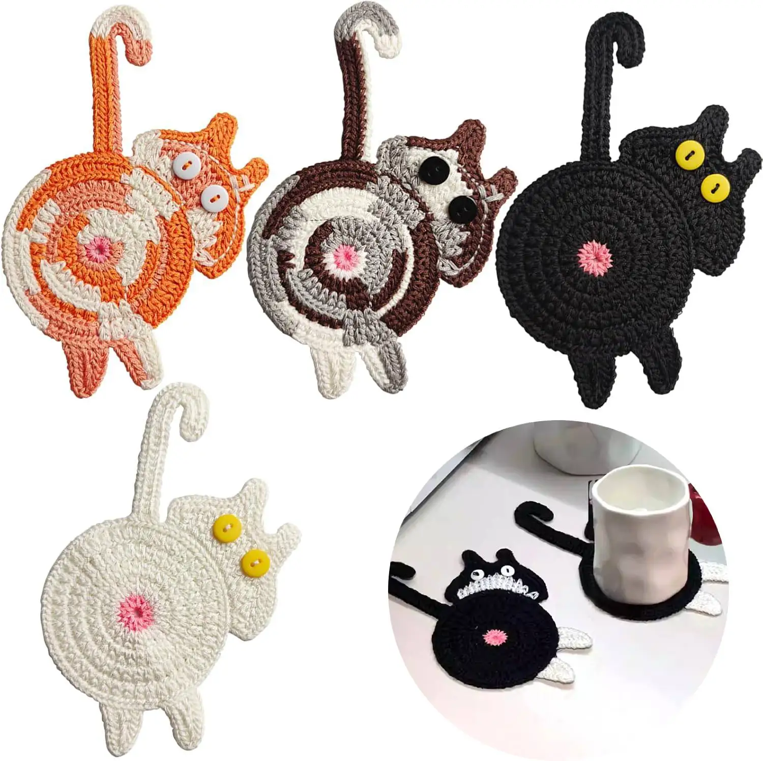 تطل القط بعقب الوقايات الكروشيه شرب كوستر عدم الانزلاق مضحك مسند للكوب لطيف قاعدة أكواب القهوة للمنزل سطح المكتب ديكور اليدوية هدية