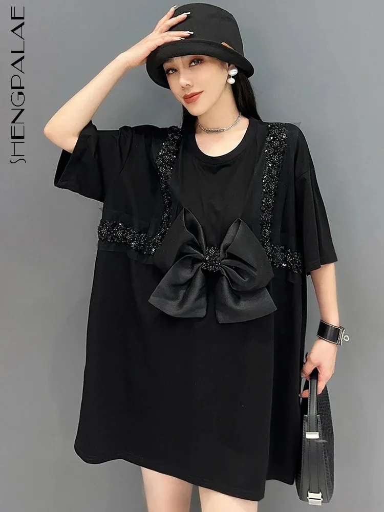 

SHENGPALAE 2024 Summer New Women's Wear T-shirt Korean Bow Nail Diamond Chic Long Top Loose Fashion Female Y2K Clothes 5C1074