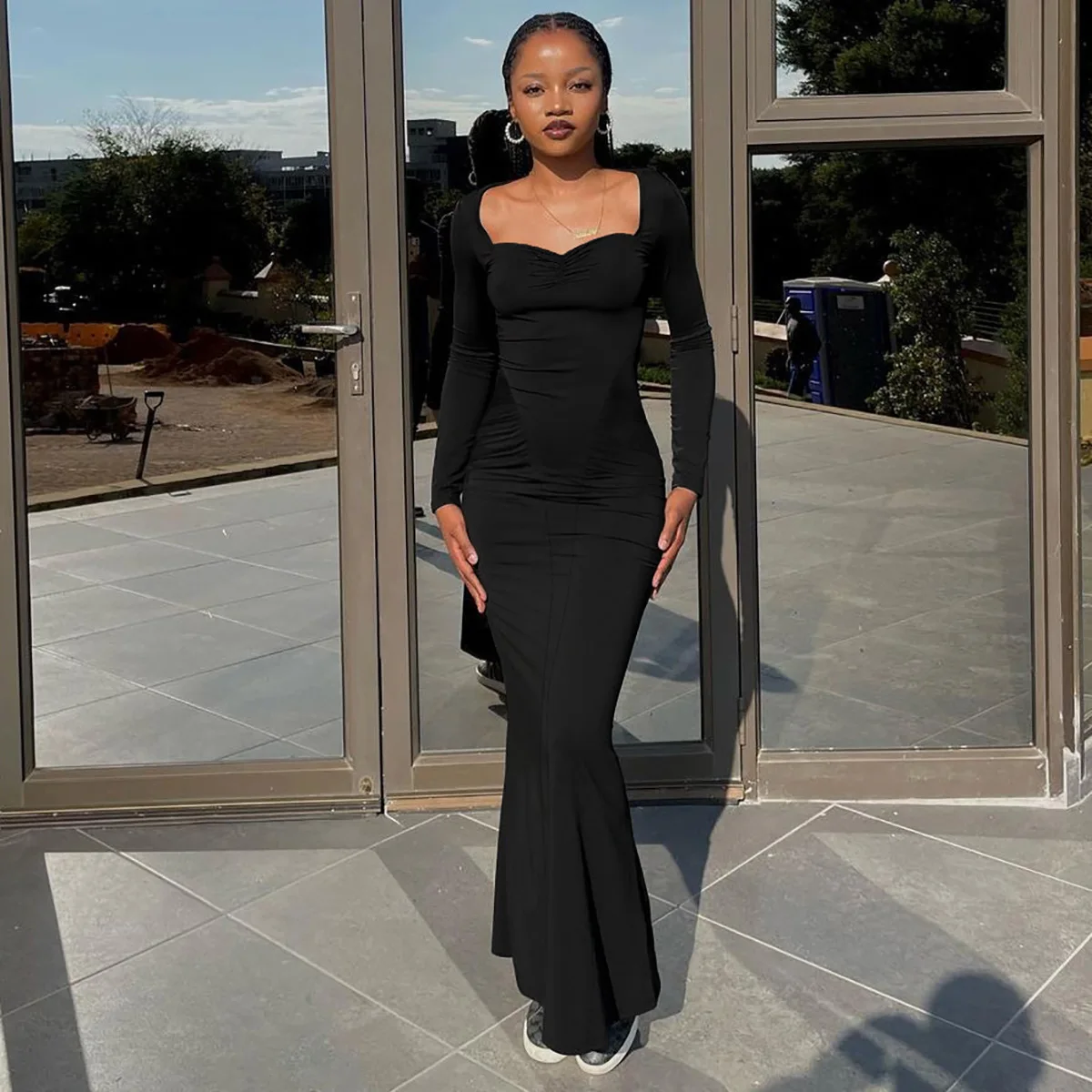 2025 Elegant Long Sleeve Party Dresses Sexy High Waist Slim Fit Women's Evening Dress Fashion Solid Color Pleated Long Dresses