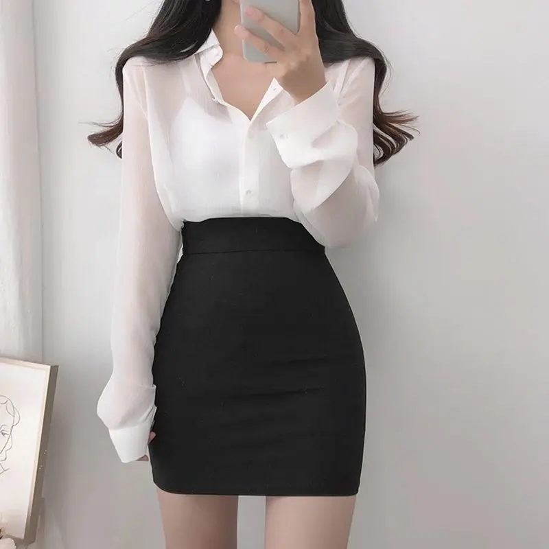 Spring Summer Office Lady Korean Fashion Long Sleeve Shirt Female Buttons Solid Top Women Polo-neck Elegant Cardigan Blouse