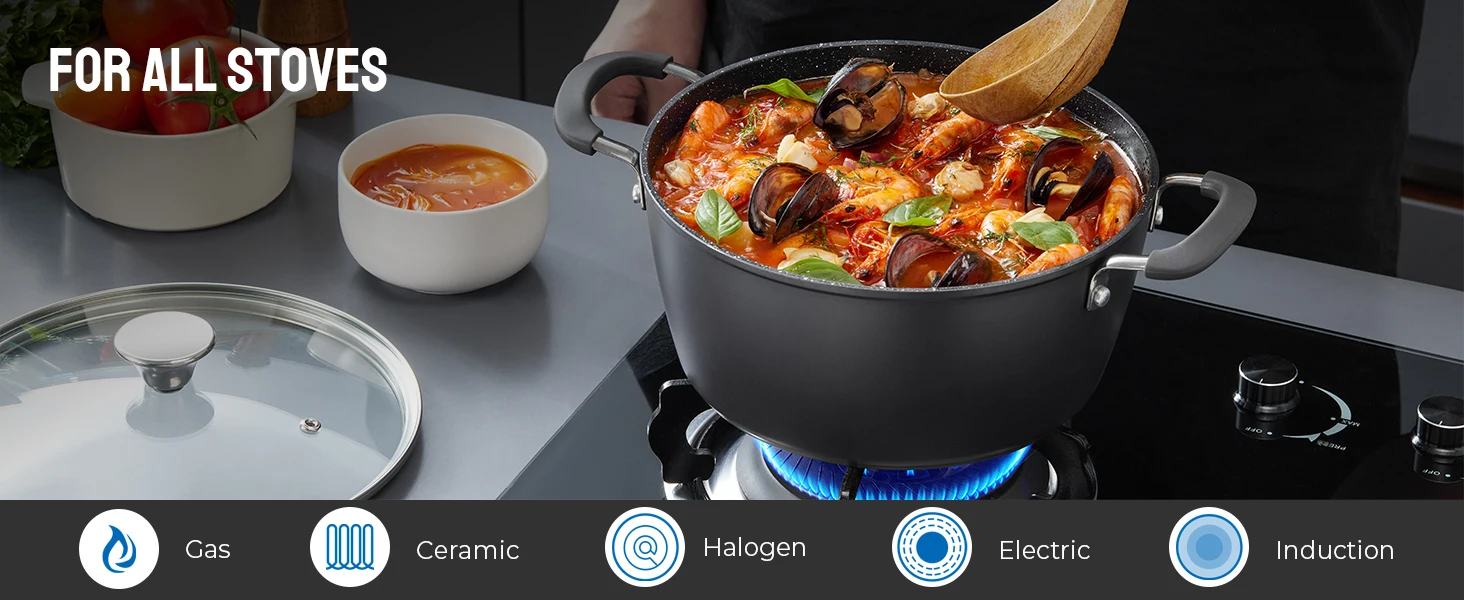 Description Picture 5 of itemInduction Hob Pan Set 10-Piece, Pots and Pans Set Non-Stick, Induction Cookware Set with Anti-Scald Silicone Handles & Lids, Ov