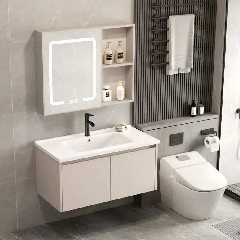Cream Wind Space Aluminum Bathroom Cabinet Combination Toilet Ceramic Integrated Washbasin Washbasin Cabinet Combination